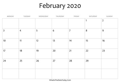 Blank February Calendar 2020 Editable | Whatisthedatetoday.Com