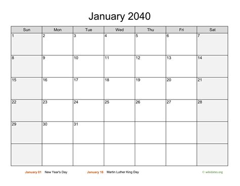 Monthly 2040 Calendar with Weekend Shaded | WikiDates.org
