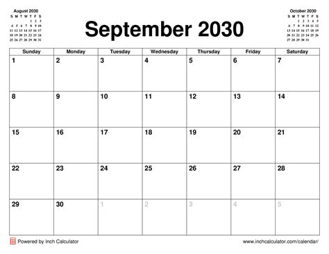 September 2030 Calendar - Inch Calculator