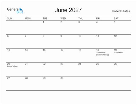 June 2027 Monthly Calendar with United States Holidays