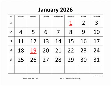 Free Download Printable Calendar 2026, large font design , holidays on red