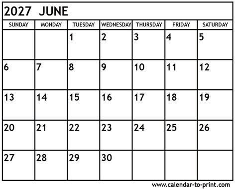 June 2027 Calendar Printable