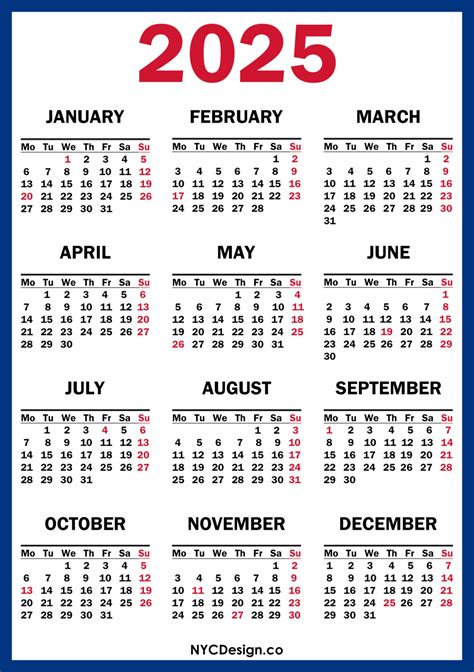 2025 Calendar with US Holidays, Printable Free, Blue, Red – Monday ...