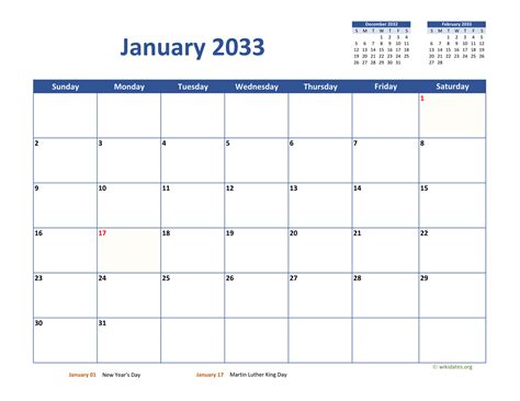 Monthly 2033 Calendar Classic | WikiDates.org
