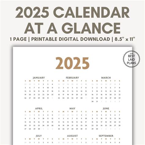 2025 Calendar Printable Year at a Glance PDF 2025 Calendar Printable ...