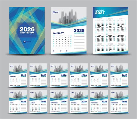 Calendar 2026 template set and 2027 year minimal Blue background, wall ...