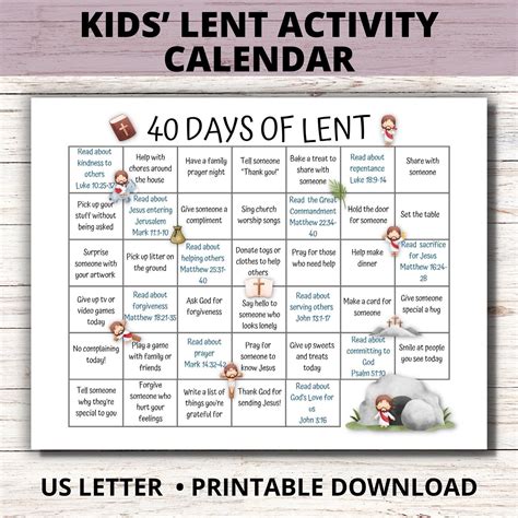 Kids 40 Days Lenten Calendar 2025, Lent Activity Calendar for Kids, Ash ...