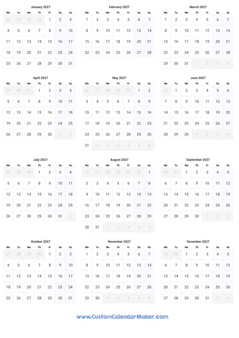 Printable Yearly Calendar 2027 - Full Year at a Glance | Custom ...