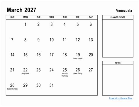 March 2027 Planner with Venezuela Holidays