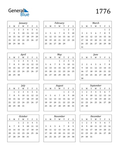 1776 Calendar (PDF, Word, Excel)