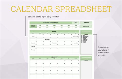 Calendar Spreadsheet Template in Excel, Google Sheets - Download ...