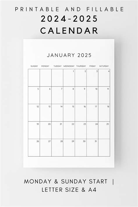 Calendar 2024 2025 Printable, Monthly Calendar, Fillable Calendar, 2024 ...