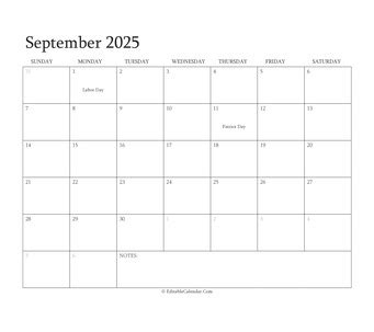 Editable Calendar September 2025