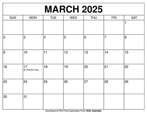 Printable March 2025 Calendar - Wiki Calendar | Apache OpenOffice Templates