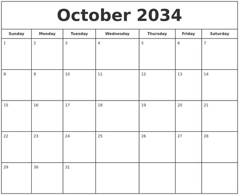 October 2034 Print Free Calendar