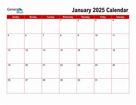 Basic Monthly Calendar - January 2025
