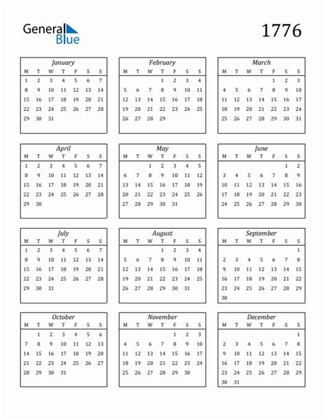 Free 1776 Year Calendar in PDF, Word, and Excel