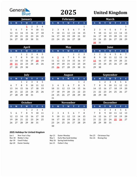 2025 United Kingdom Calendar with Holidays