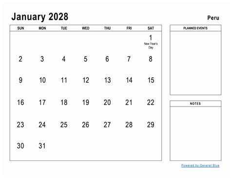 January 2028 Planner with Peru Holidays