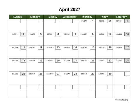 April 2027 Calendar with Day Numbers | WikiDates.org