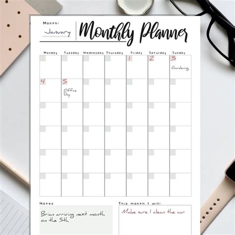Printable Monthly Planner, Undated Calendar. A4, A5 and US Letter ...