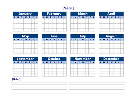 Yearly Blank Calendar Landscape with Notes - Free Printable Templates