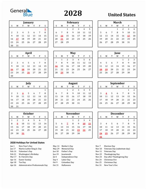 2028 United States Calendar with Holidays