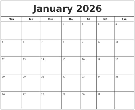 January 2026 Print Free Calendar