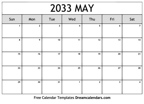 May 2033 Calendar - Free Printable with Holidays and Observances