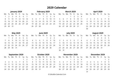 Download Minimalist Fillable Calendar 2029, weeks start on Sunday