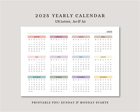 Year at a Glance Calendar 2025, Printable 2025 Wall Calendar, A4, A3 ...