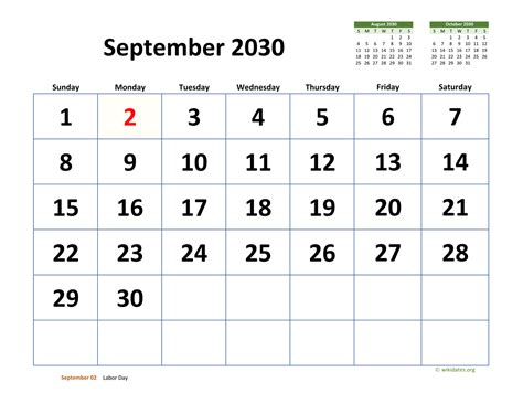 September 2030 Calendar with Extra-large Dates | WikiDates.org