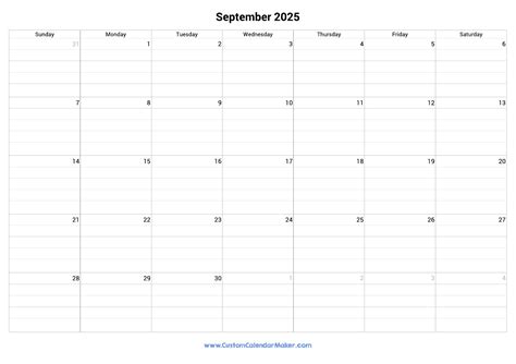 September 2025 Fillable Calendar Grid With Lines | Custom Calendar Maker