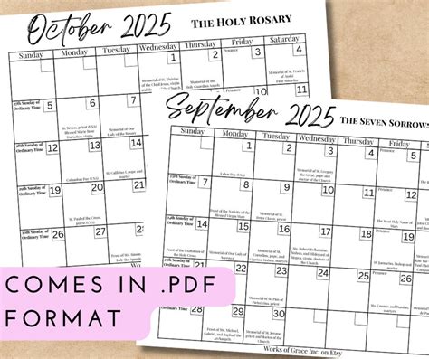 2025 Printable Catholic Monthly Calendar | Liturgical Calendar With ...