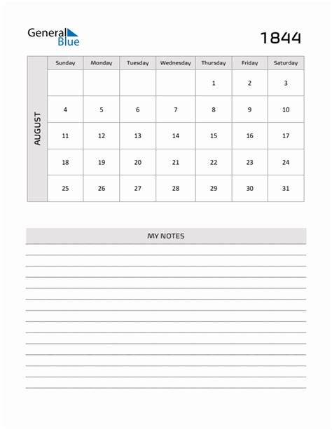 August 1844 Printable Monthly Calendar with Notes