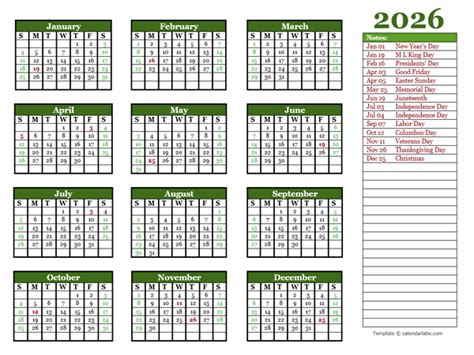 Editable 2026 Yearly Calendar Landscape - Free Printable Templates