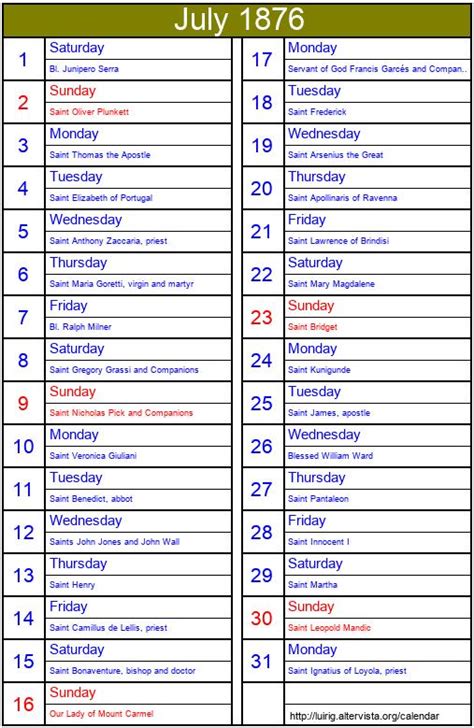 July 1876 - Roman Catholic Saints Calendar