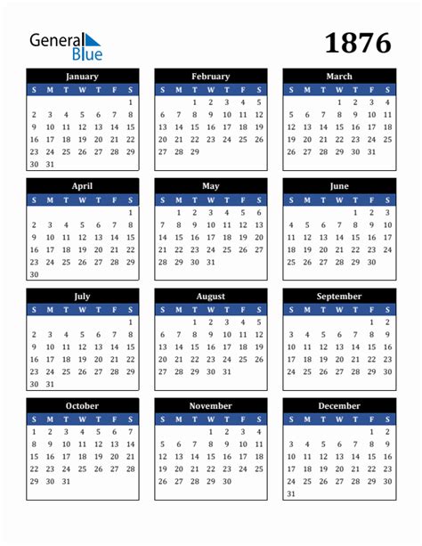 Free 1876 Calendars in PDF, Word, Excel