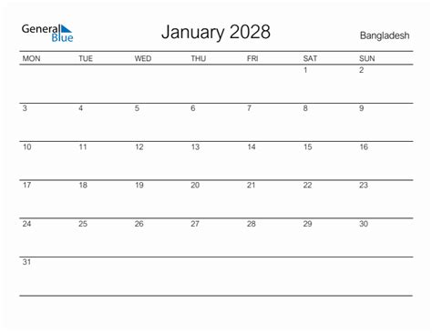 January 2028 - Bangladesh Monthly Calendar with Holidays
