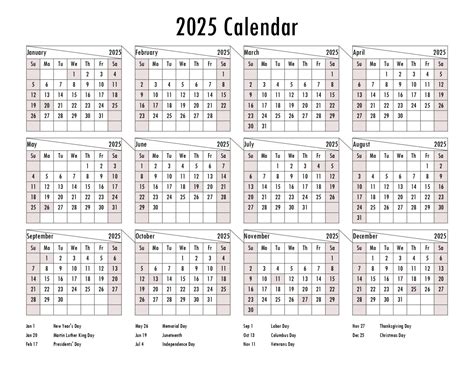 Printable 2025 Calendar with Holidays (12 month on one page)