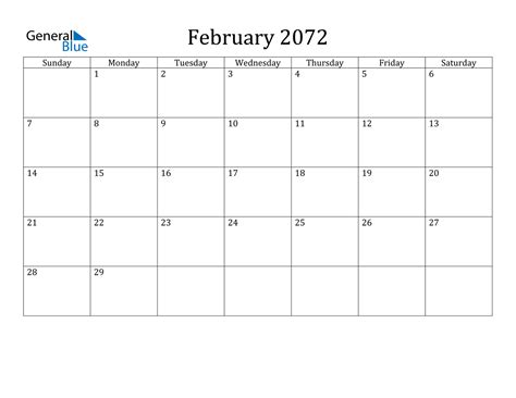 February 2072 Calendar - PDF Word Excel