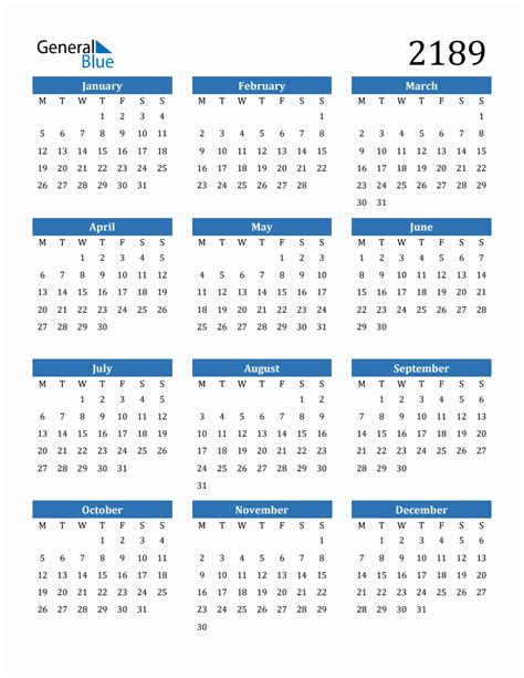 2189 Yearly Calendar