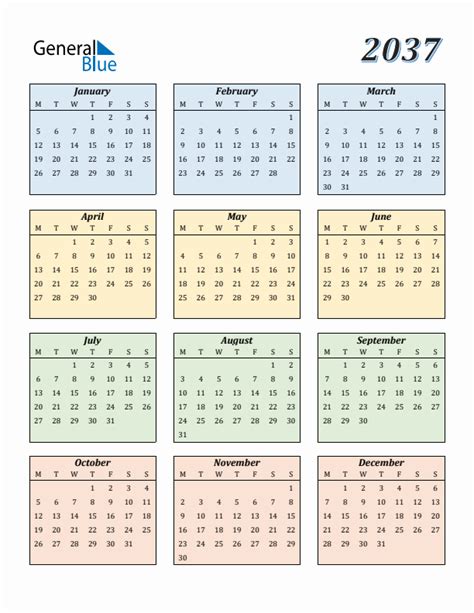 2037 Yearly Calendar Templates with Monday Start