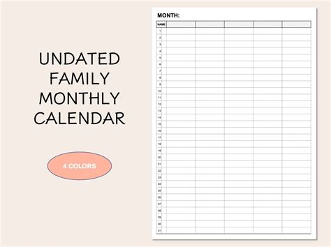 Family Monthly Calendar Undated Printable Monthly Planner - Etsy ...