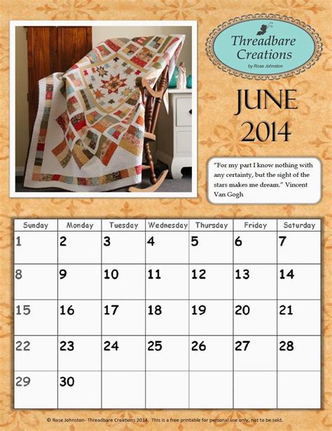 Free June Calendar - Threadbare Creations