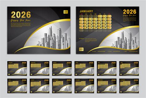 Calendar 2026 template set vector, Week starts Sunday, set of 12 month ...