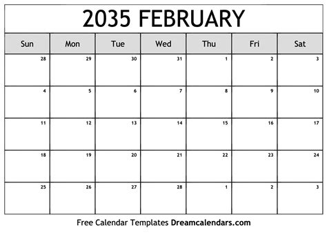 February 2035 Calendar - Free Printable with Holidays and Observances