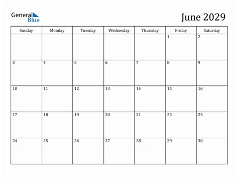 June 2029 Monthly Calendar (PDF, Word, Excel)