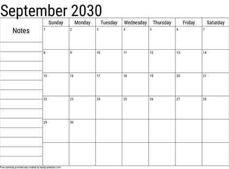 September 2030 Calendar With Notes - Handy Calendars