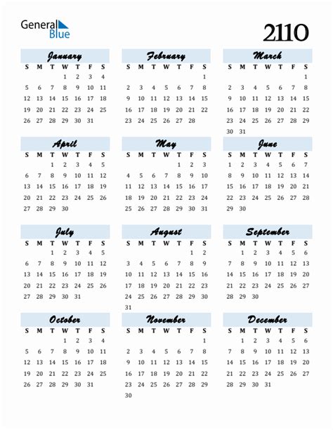Free 2110 Calendars in PDF, Word, Excel